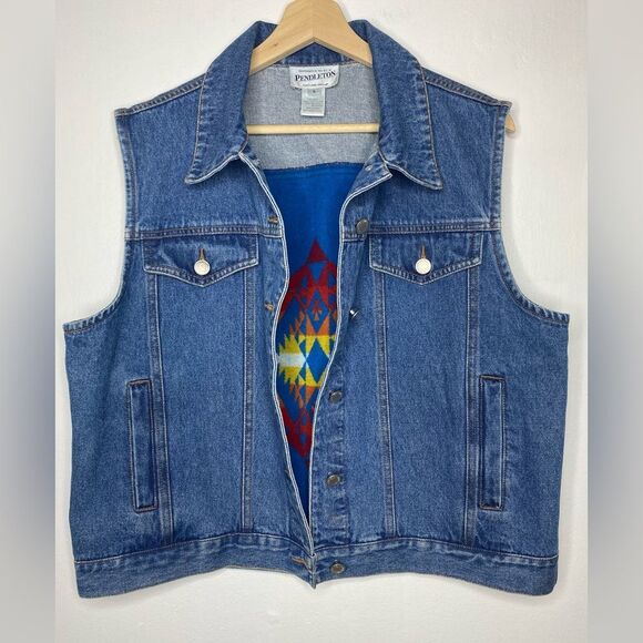 Pendleton Native Tribal Denim Blanket Vest Geometric Size Large Southwest - Picture 5 of 7
